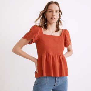 Madewell Eyelet-Sleeve Lucie Smocked Peplum Top Sz S